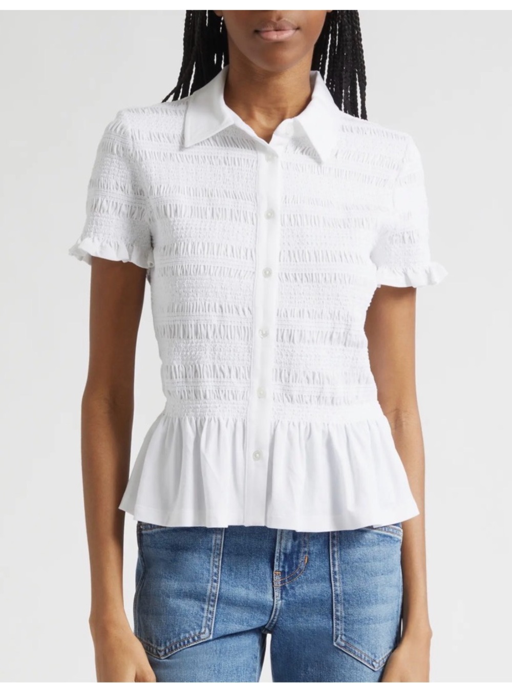 Veronica Beard White Smocked Peplum Button-Down Jersey Shirt M